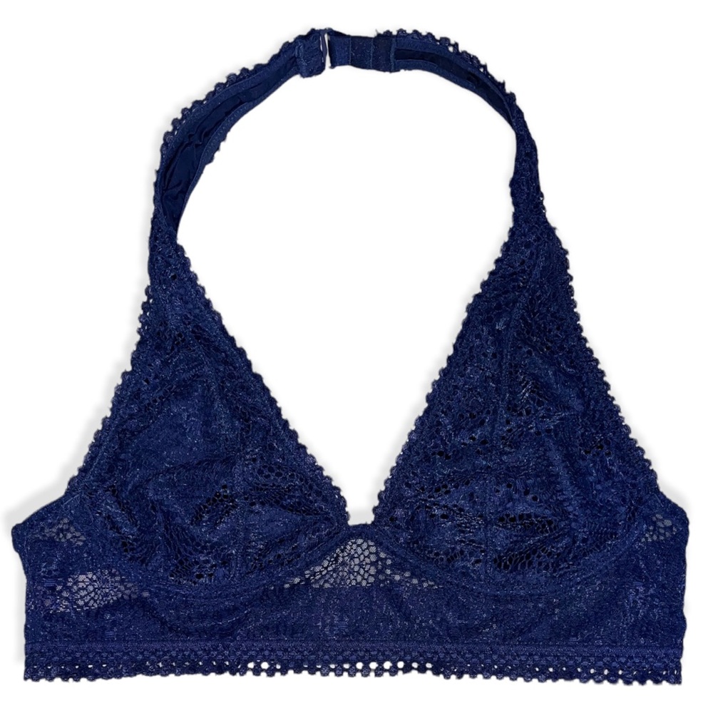 VICTORIA’S SECRET Navy Blue Lace Triangle Halter Bralette Size Small